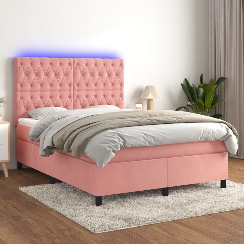 Boxspring met matras en LED fluweel roze 140x190 cm – afbeelding 1