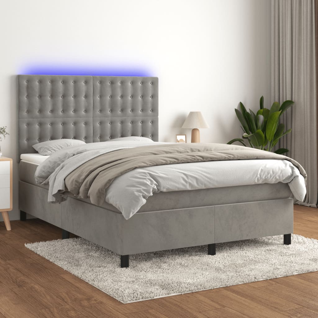 Boxspring met matras en LED fluweel lichtgrijs 140x190 cm – afbeelding 1
