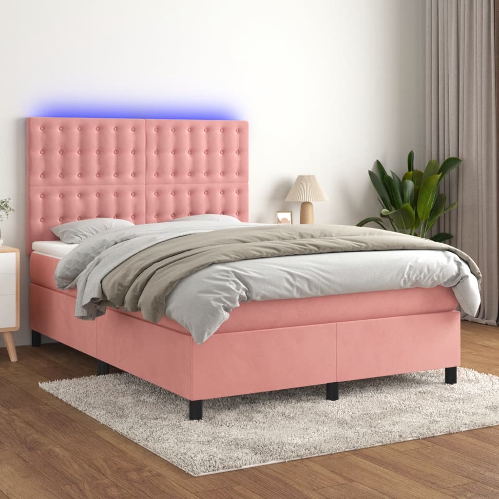 Boxspring met matras en LED fluweel roze 140x200 cm – afbeelding 1