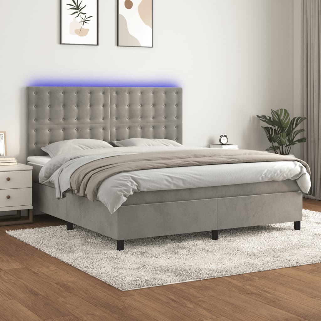 Boxspring met matras en LED fluweel lichtgrijs 160x200 cm – afbeelding 1