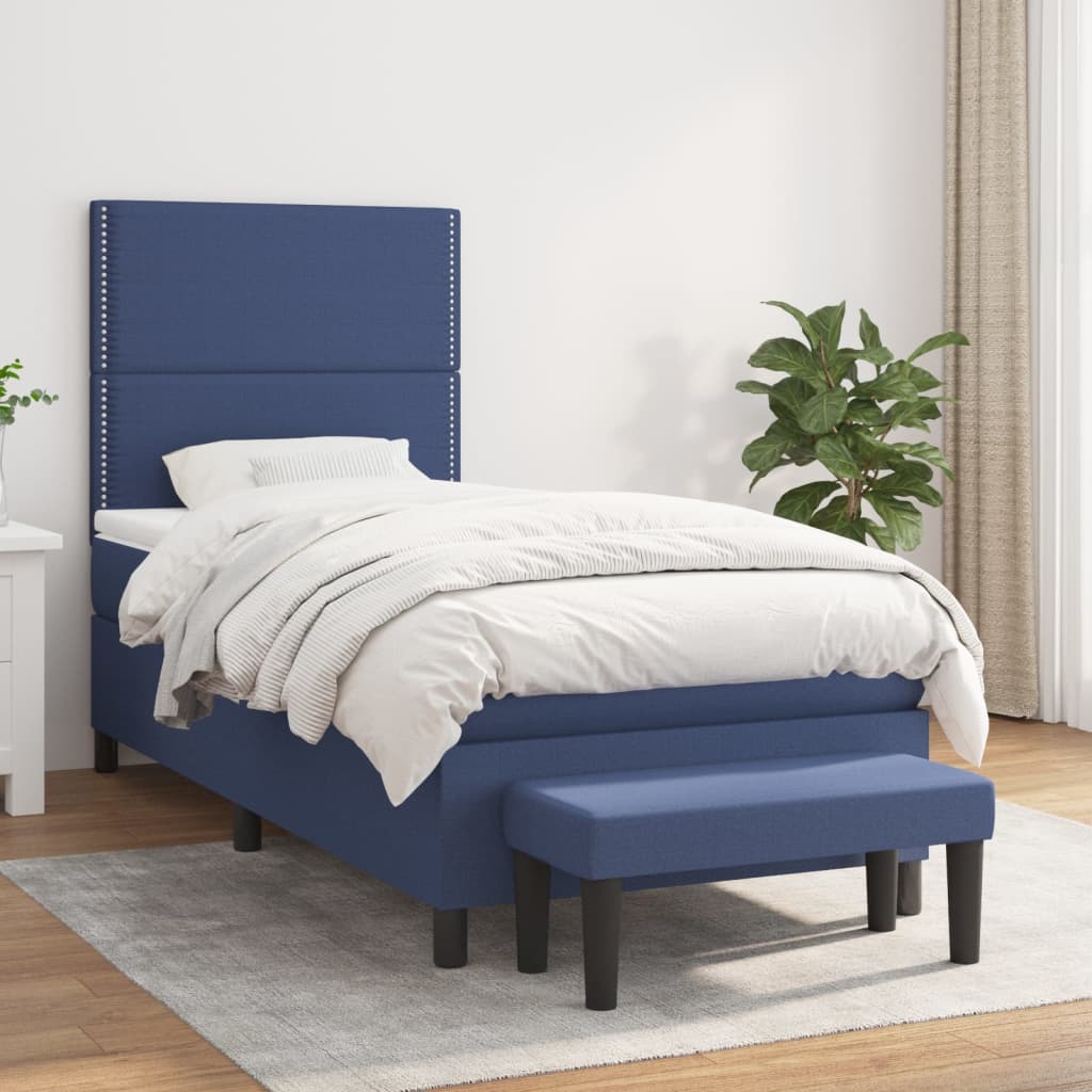 Boxspring met matras stof blauw 90x190 cm – afbeelding 1