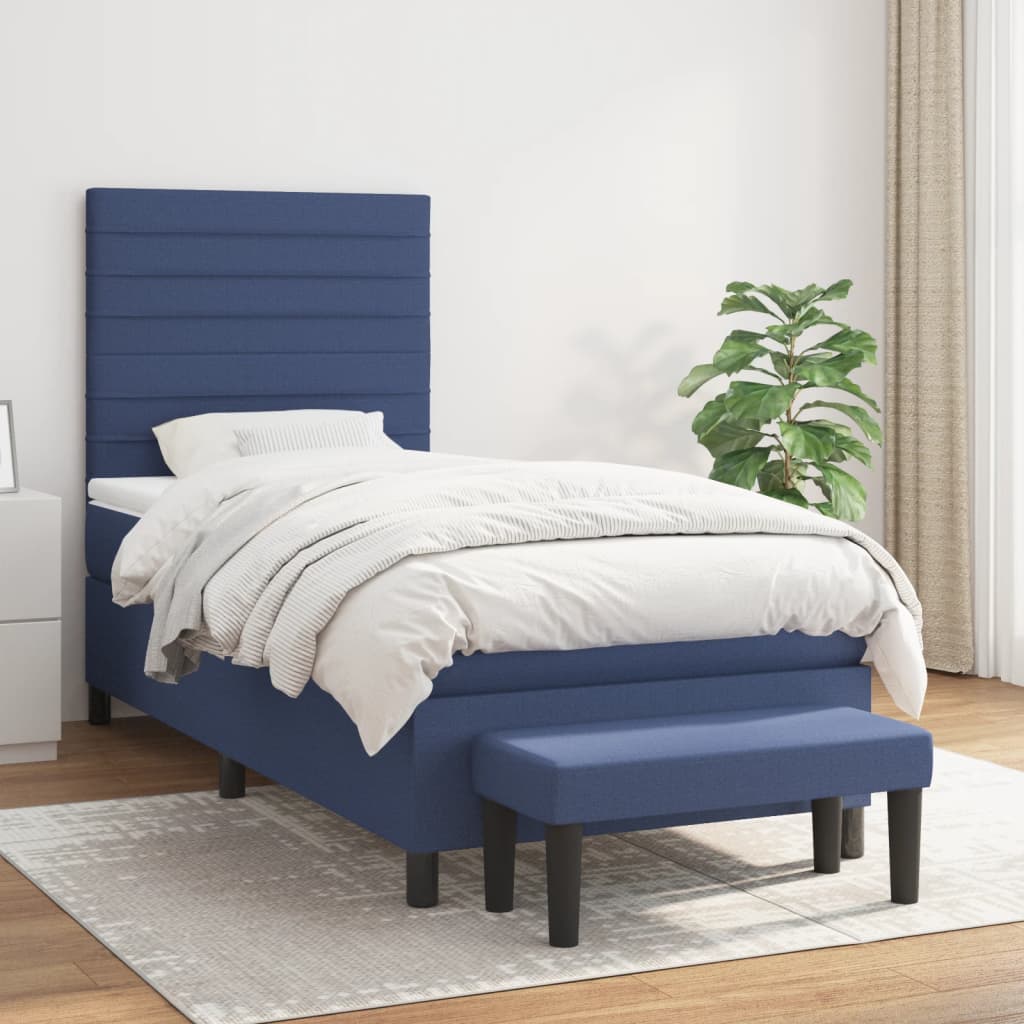 Boxspring met matras stof blauw 90x190 cm – afbeelding 1