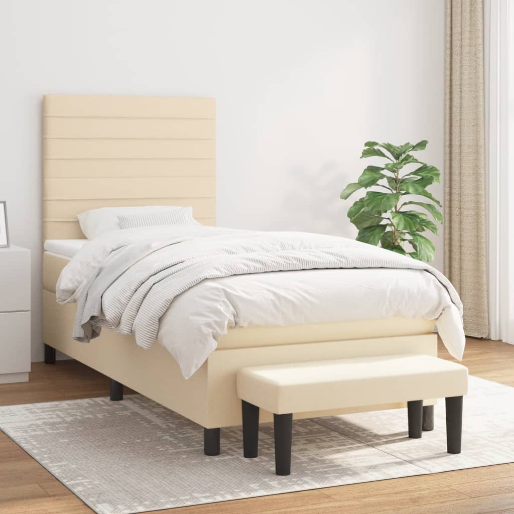 Boxspring met matras stof crèmekleurig 90x200 cm – afbeelding 1
