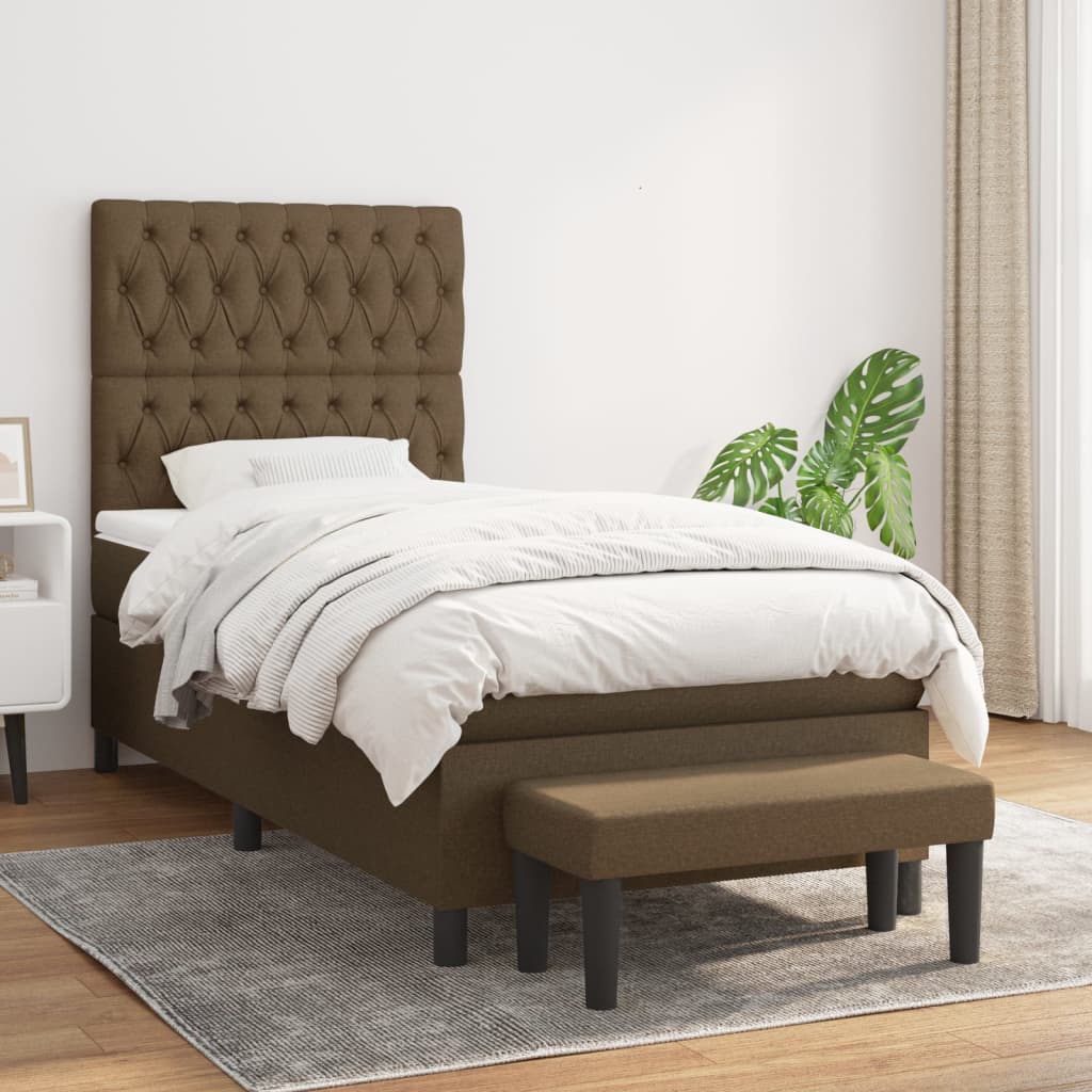 Boxspring met matras stof donkerbruin 90x190 cm – afbeelding 1