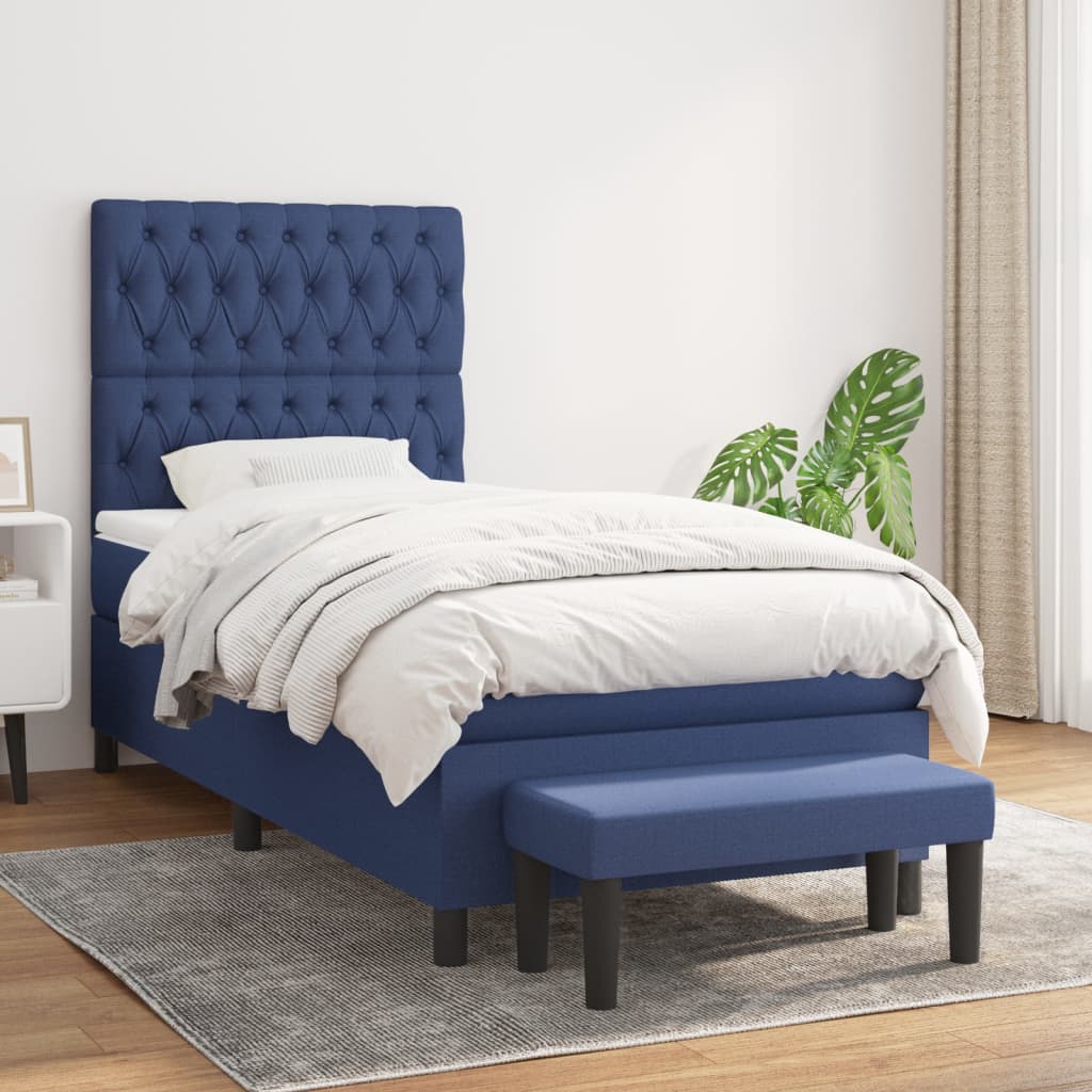 Boxspring met matras stof blauw 90x190 cm – afbeelding 1