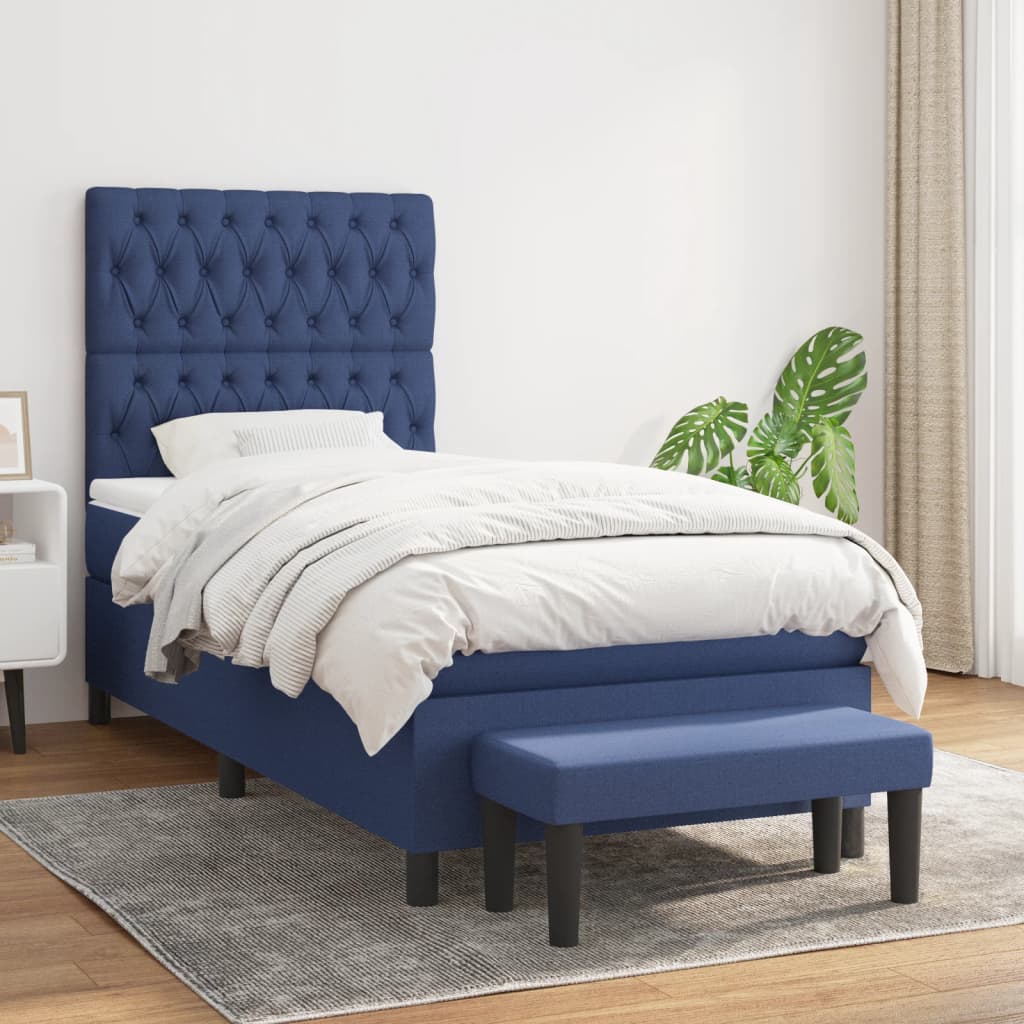 Boxspring met matras stof blauw 90x200 cm – afbeelding 1