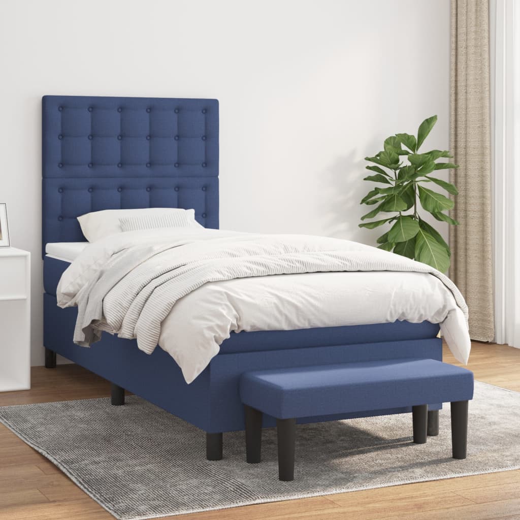 Boxspring met matras stof blauw 90x200 cm – afbeelding 1