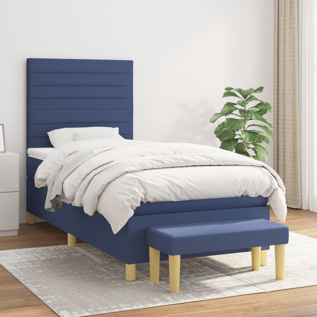 Boxspring met matras stof blauw 90x190 cm – afbeelding 1