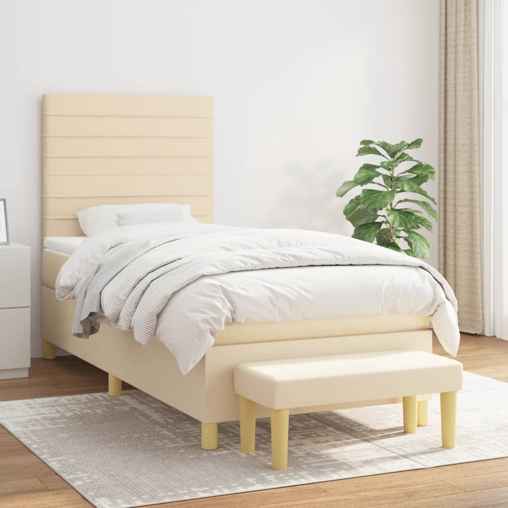Boxspring met matras stof crèmekleurig 90x200 cm – afbeelding 1