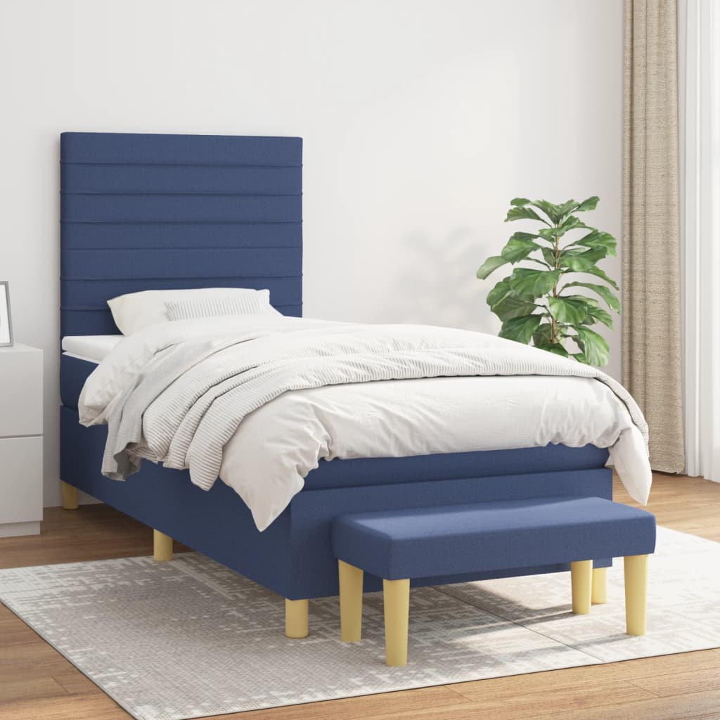 Boxspring met matras stof blauw 90x200 cm – afbeelding 1