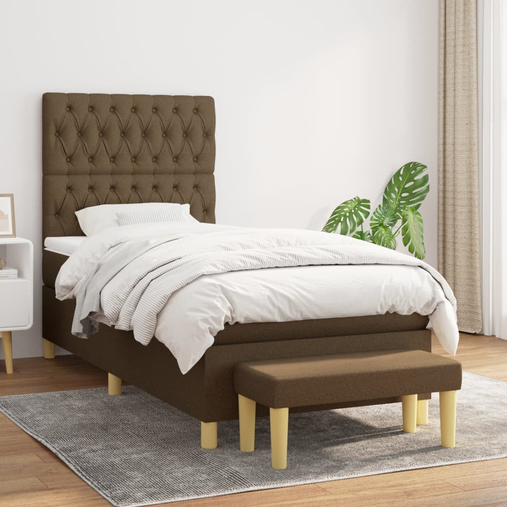 Boxspring met matras stof donkerbruin 90x190 cm – afbeelding 1