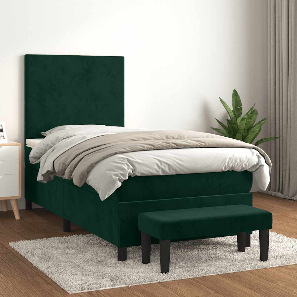 Boxspring met matras fluweel donkergroen 90x190 cm – afbeelding 1