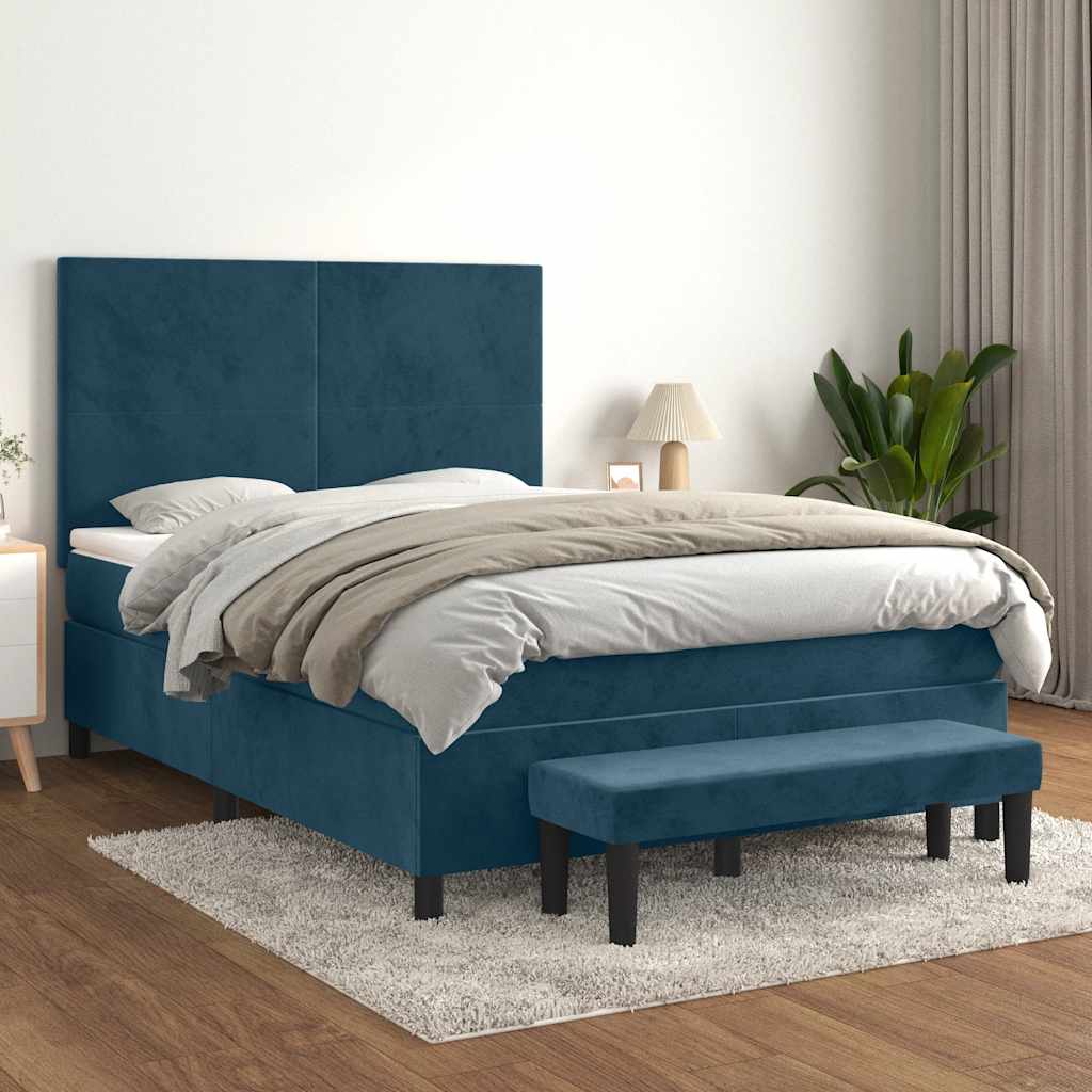 Boxspring met matras fluweel donkerblauw 140x200 cm – afbeelding 1