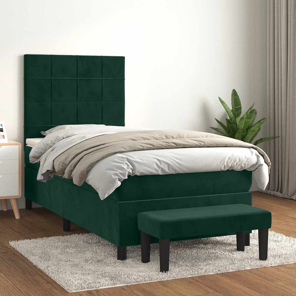 Boxspring met matras fluweel donkergroen 90x190 cm – afbeelding 1