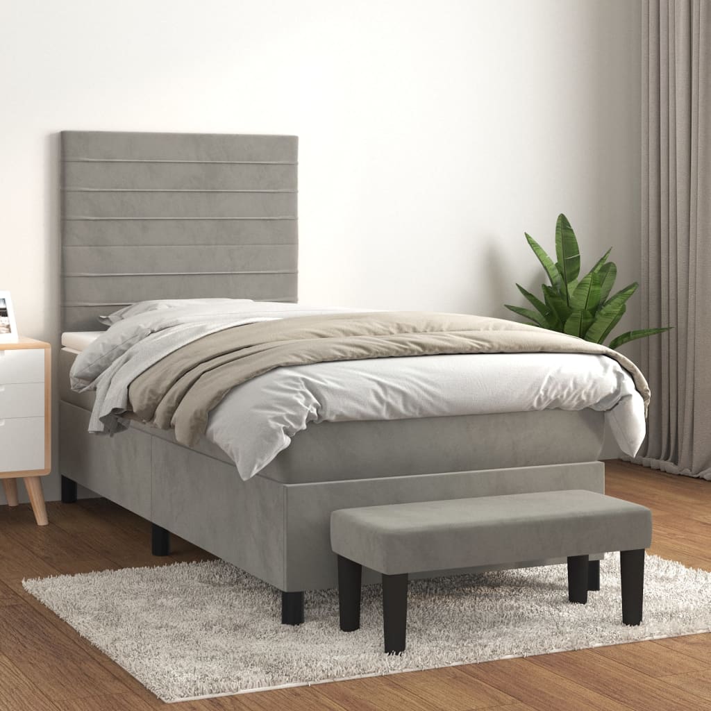 Boxspring met matras fluweel lichtgrijs 100x200 cm – afbeelding 1