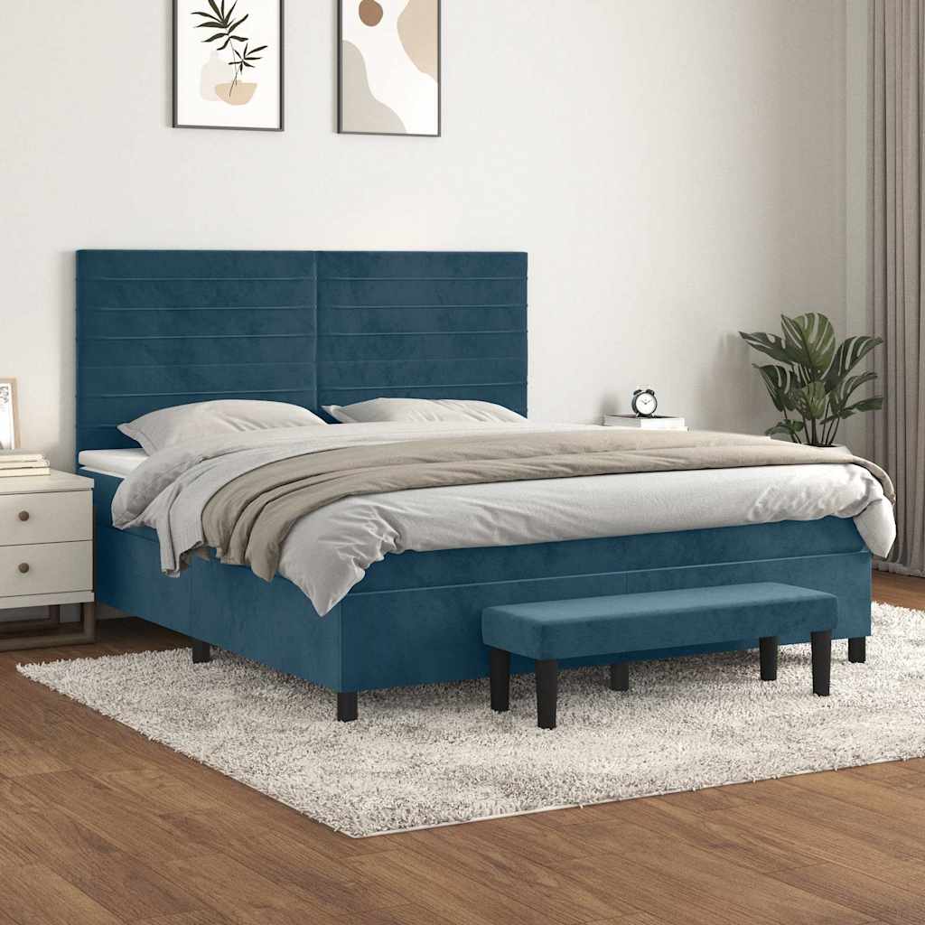 Boxspring met matras fluweel donkerblauw 160x200 cm – afbeelding 1