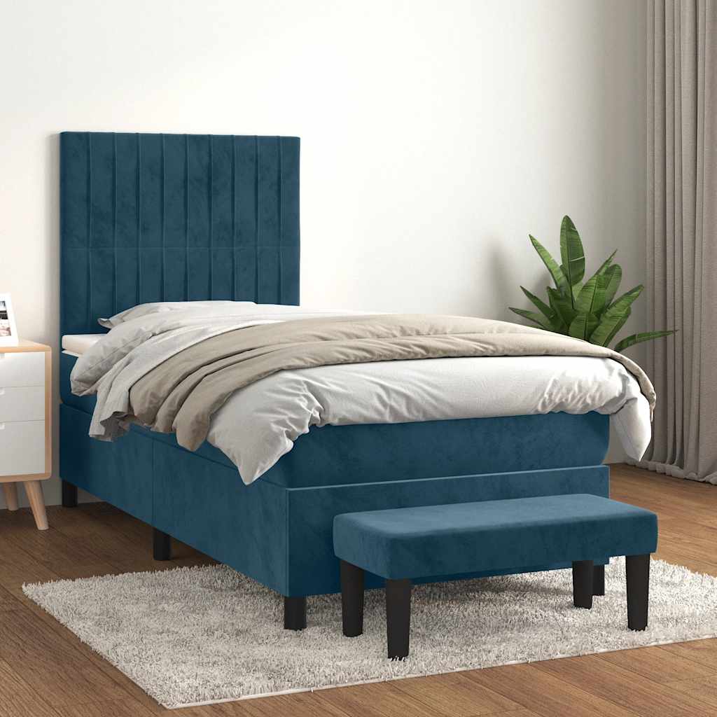 Boxspring met matras fluweel donkerblauw 90x190 cm – afbeelding 1