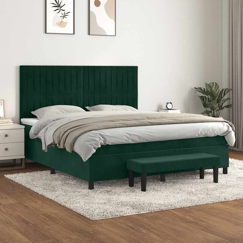 Boxspring met matras fluweel donkergroen 160x200 cm – afbeelding 1