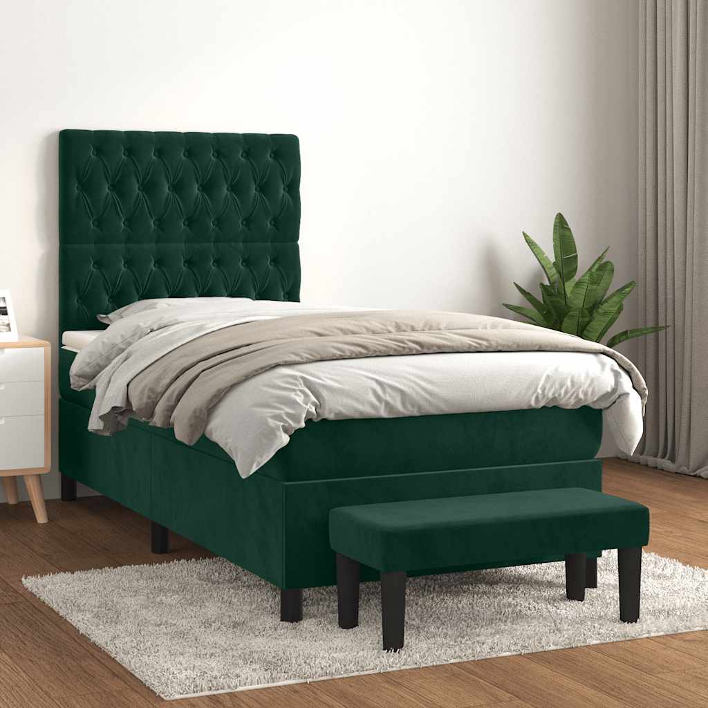 Boxspring met matras fluweel donkergroen 90x190 cm – afbeelding 1