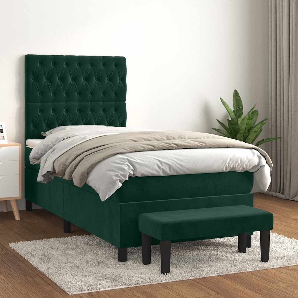 Boxspring met matras fluweel donkergroen 90x200 cm – afbeelding 1
