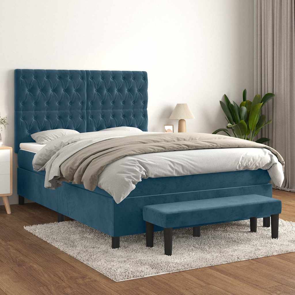 Boxspring met matras fluweel donkerblauw 140x200 cm – afbeelding 1