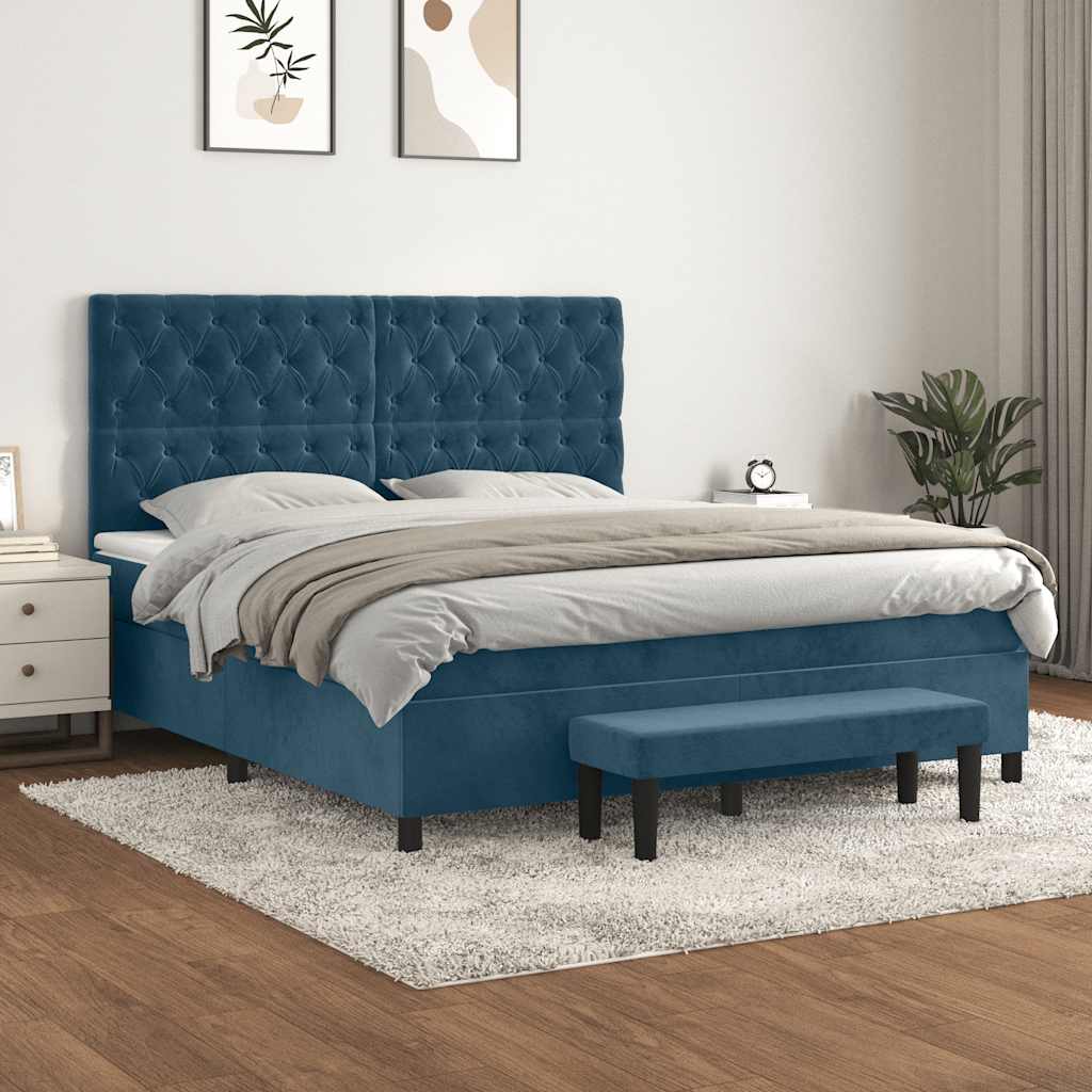 Boxspring met matras fluweel donkerblauw 160x200 cm – afbeelding 1