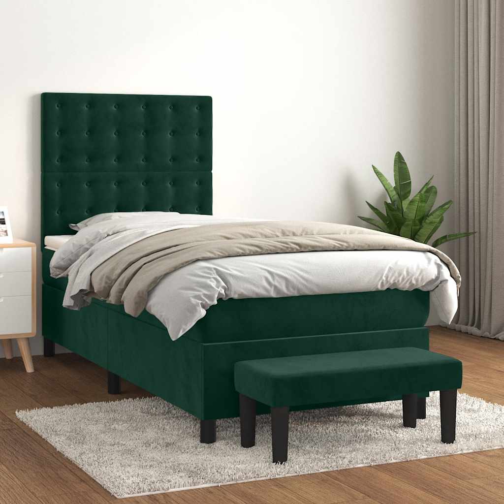 Boxspring met matras fluweel donkergroen 90x190 cm – afbeelding 1