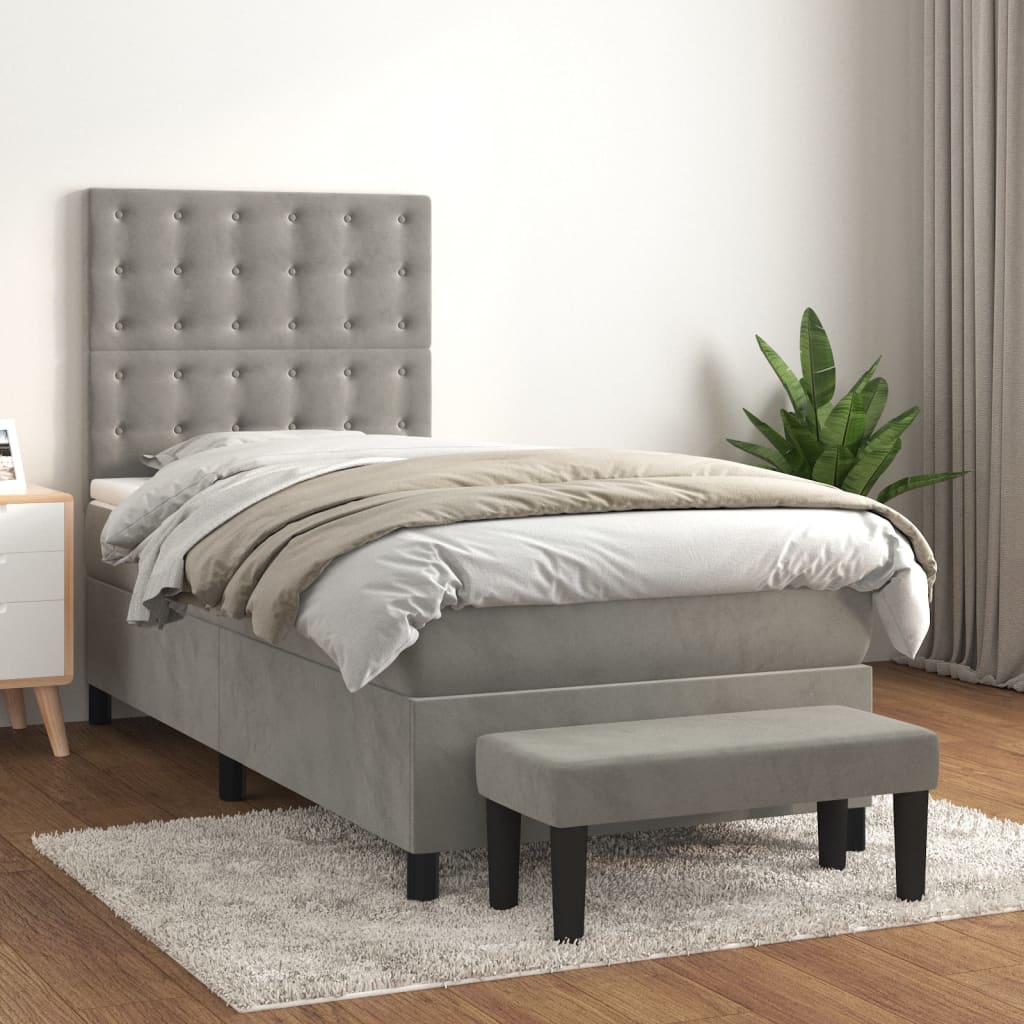 Boxspring met matras fluweel lichtgrijs 100x200 cm – afbeelding 1