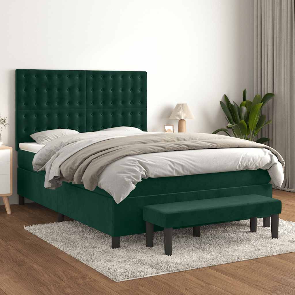 Boxspring met matras fluweel donkergroen 140x200 cm – afbeelding 1