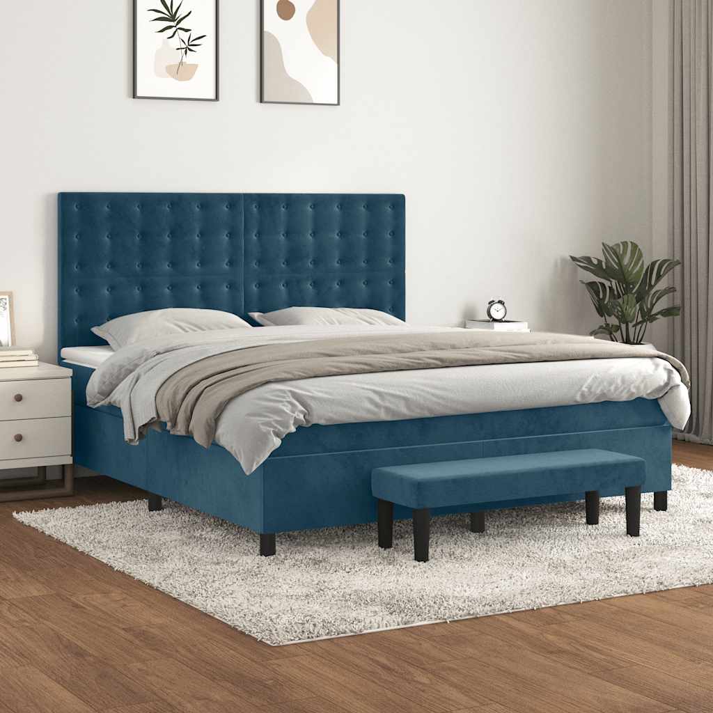 Boxspring met matras fluweel donkerblauw 160x200 cm – afbeelding 1