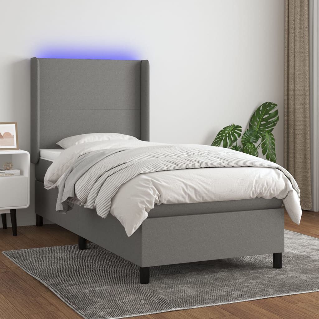 Boxspring met matras en LED stof donkergrijs 90x190 cm – afbeelding 1
