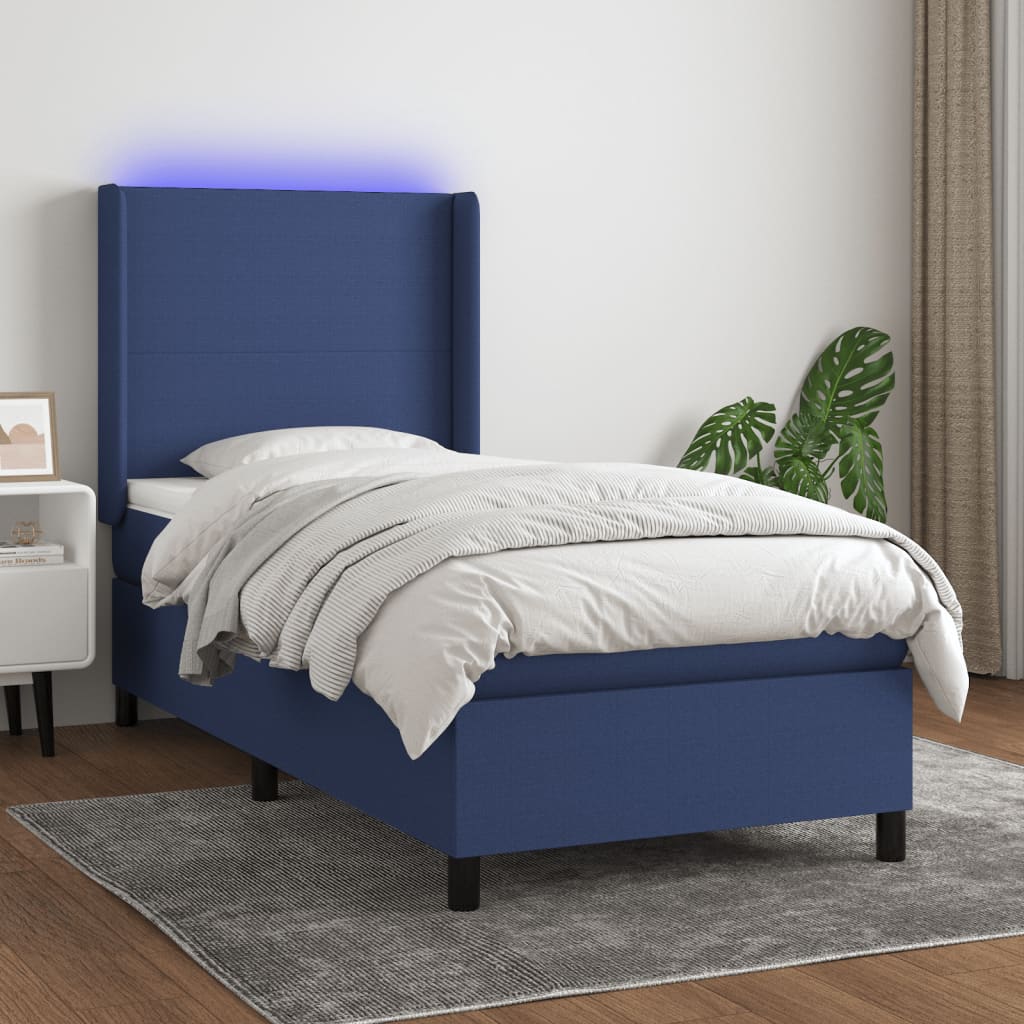 Boxspring met matras en LED stof blauw 90x190 cm – afbeelding 1