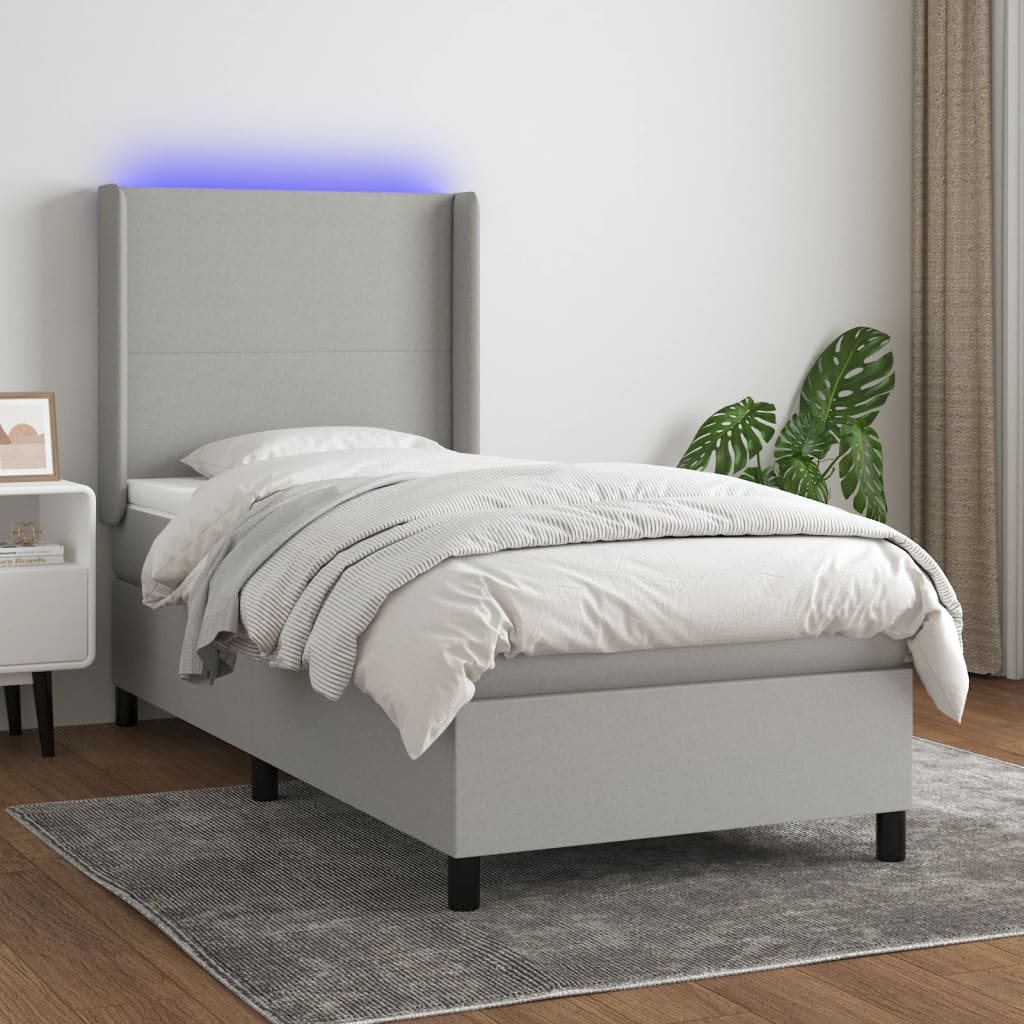 Boxspring met matras en LED stof lichtgrijs 90x200 cm – afbeelding 1