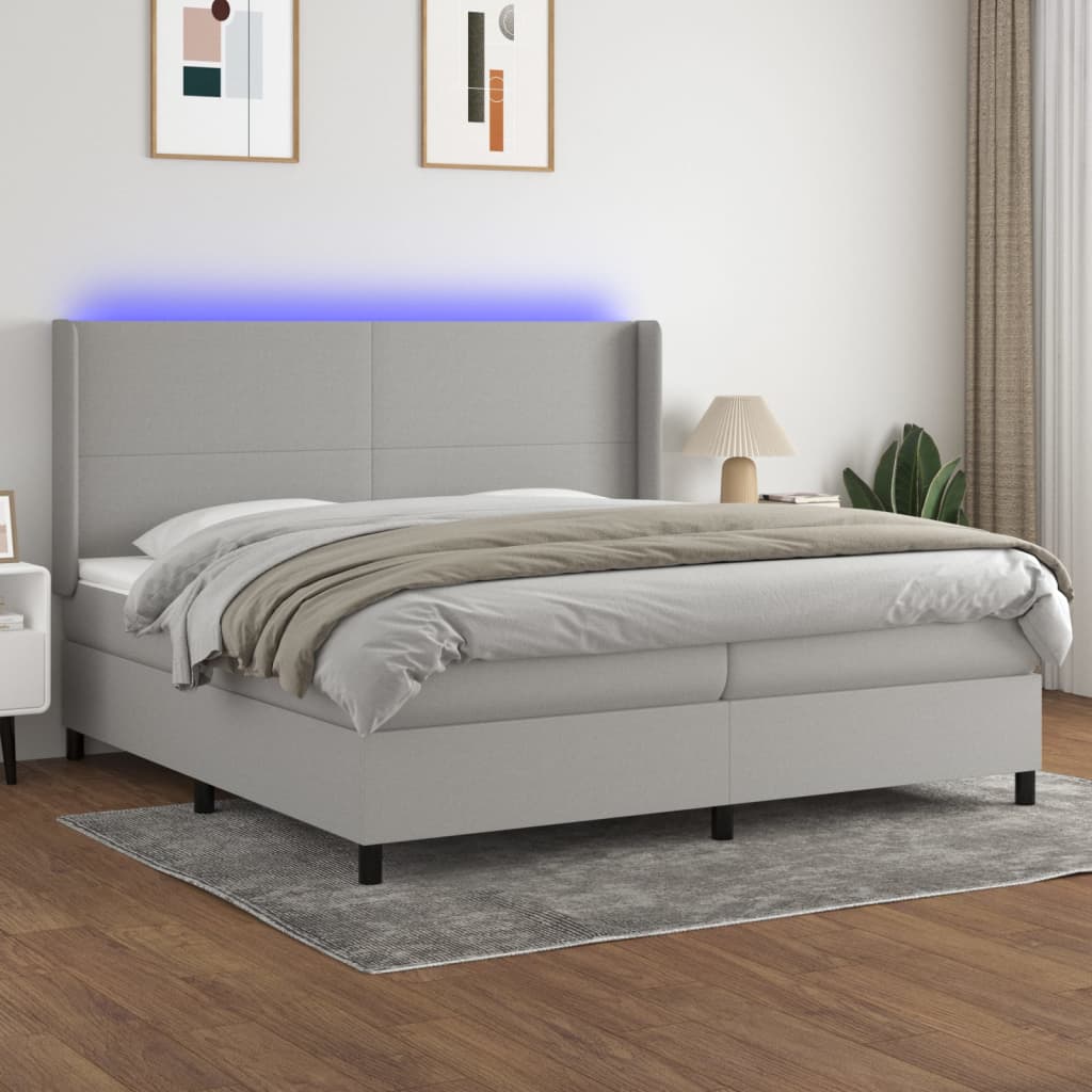 Boxspring met matras en LED stof lichtgrijs 200x200 cm – afbeelding 1