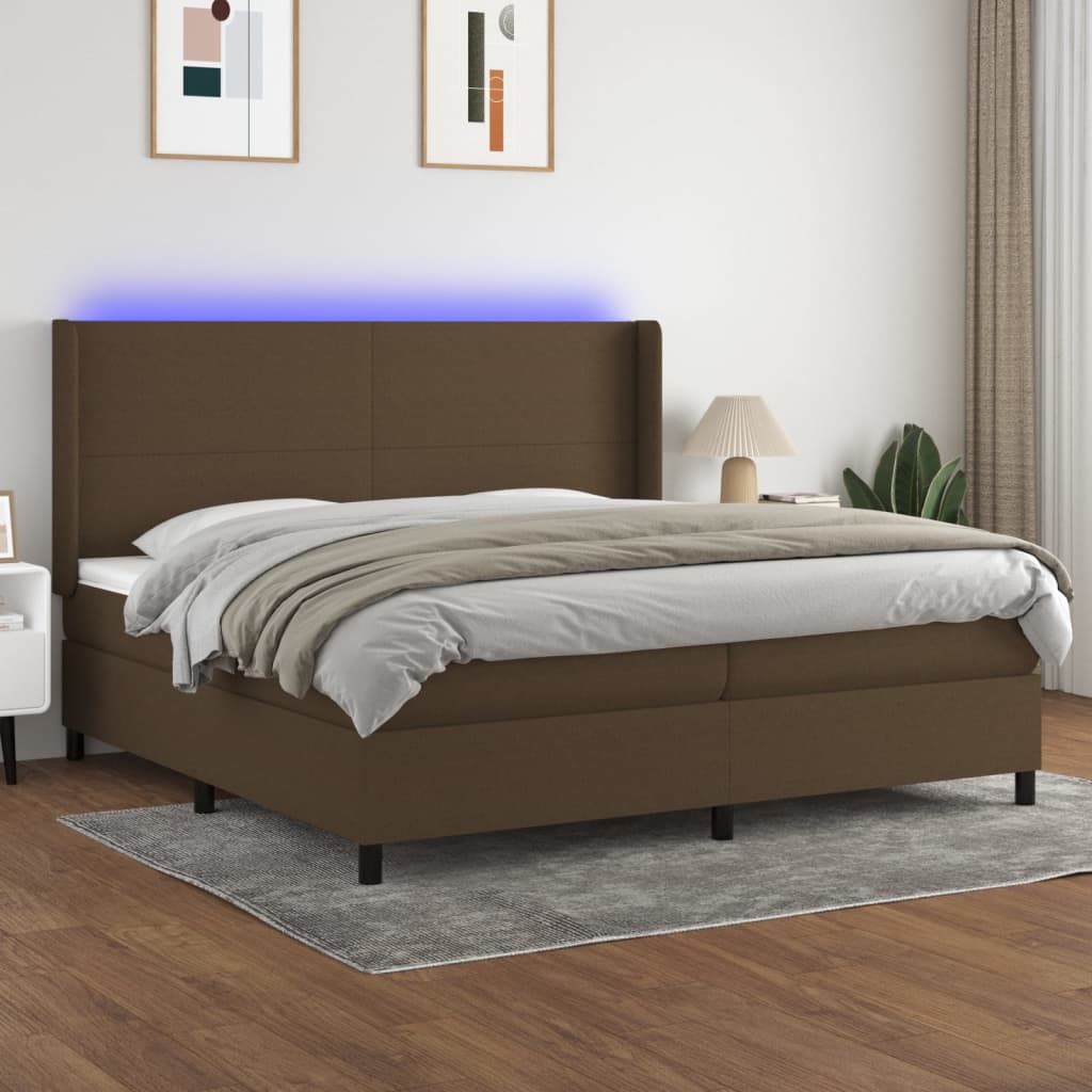Boxspring met matras en LED stof donkerbruin 200x200 cm – afbeelding 1