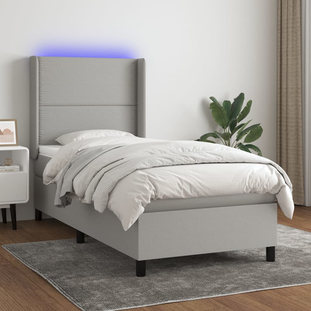 Boxspring met matras en LED stof lichtgrijs 100x200 cm – afbeelding 1
