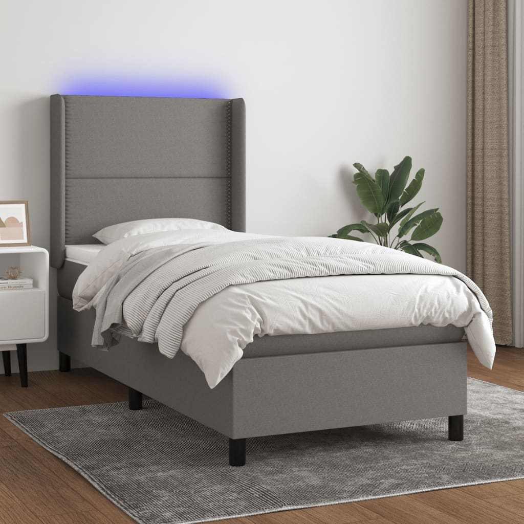 Boxspring met matras en LED stof donkergrijs 100x200 cm – afbeelding 1