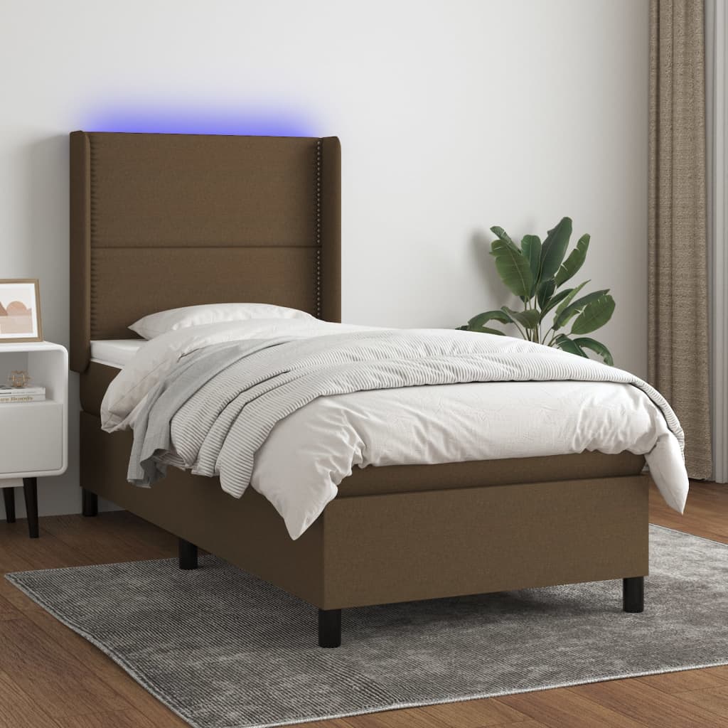 Boxspring met matras en LED stof donkerbruin 100x200 cm – afbeelding 1