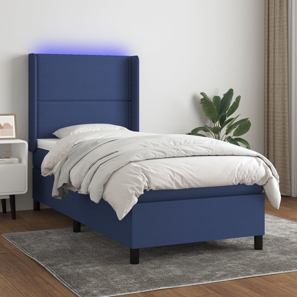 Boxspring met matras en LED stof blauw 100x200 cm – afbeelding 1
