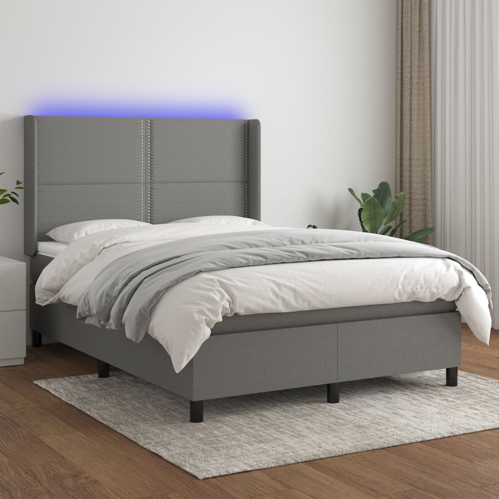 Boxspring met matras en LED stof donkergrijs 140x190 cm – afbeelding 1