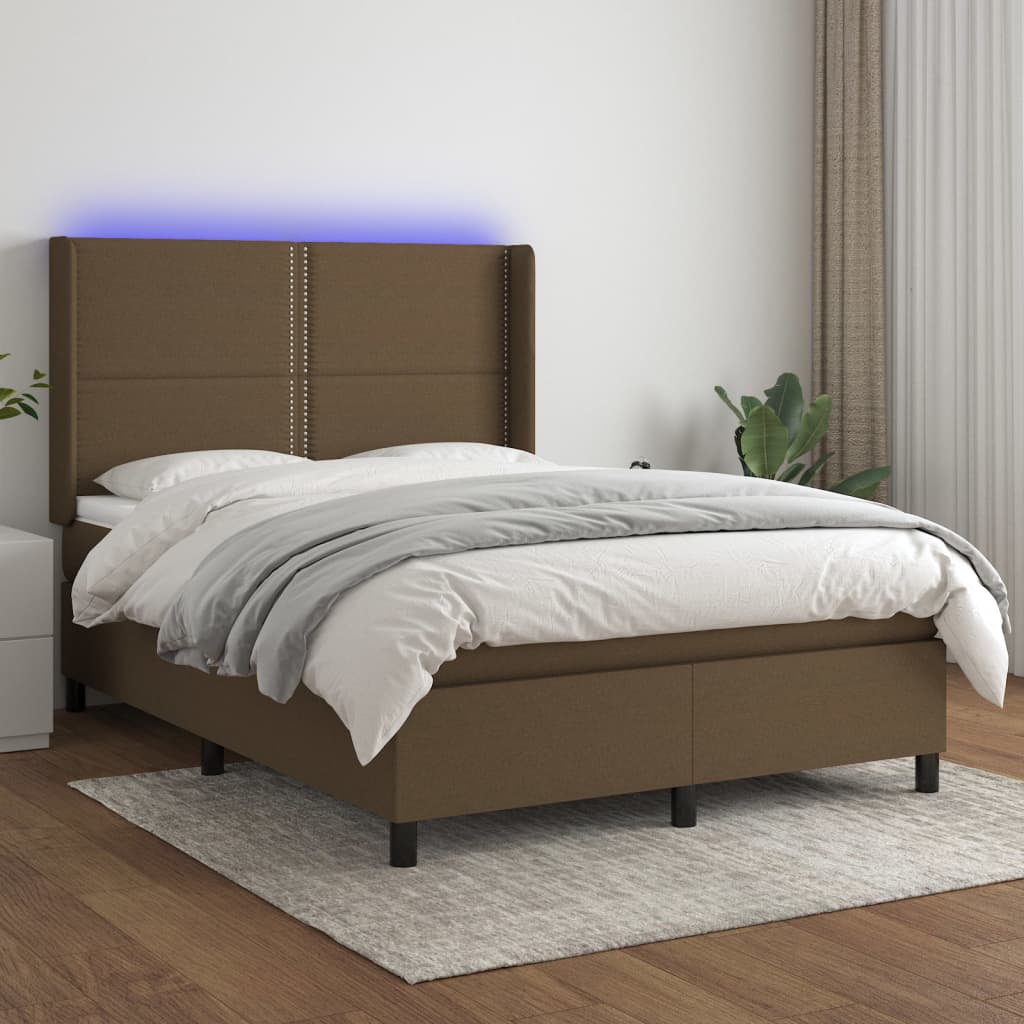 Boxspring met matras en LED stof donkerbruin 140x190 cm – afbeelding 1
