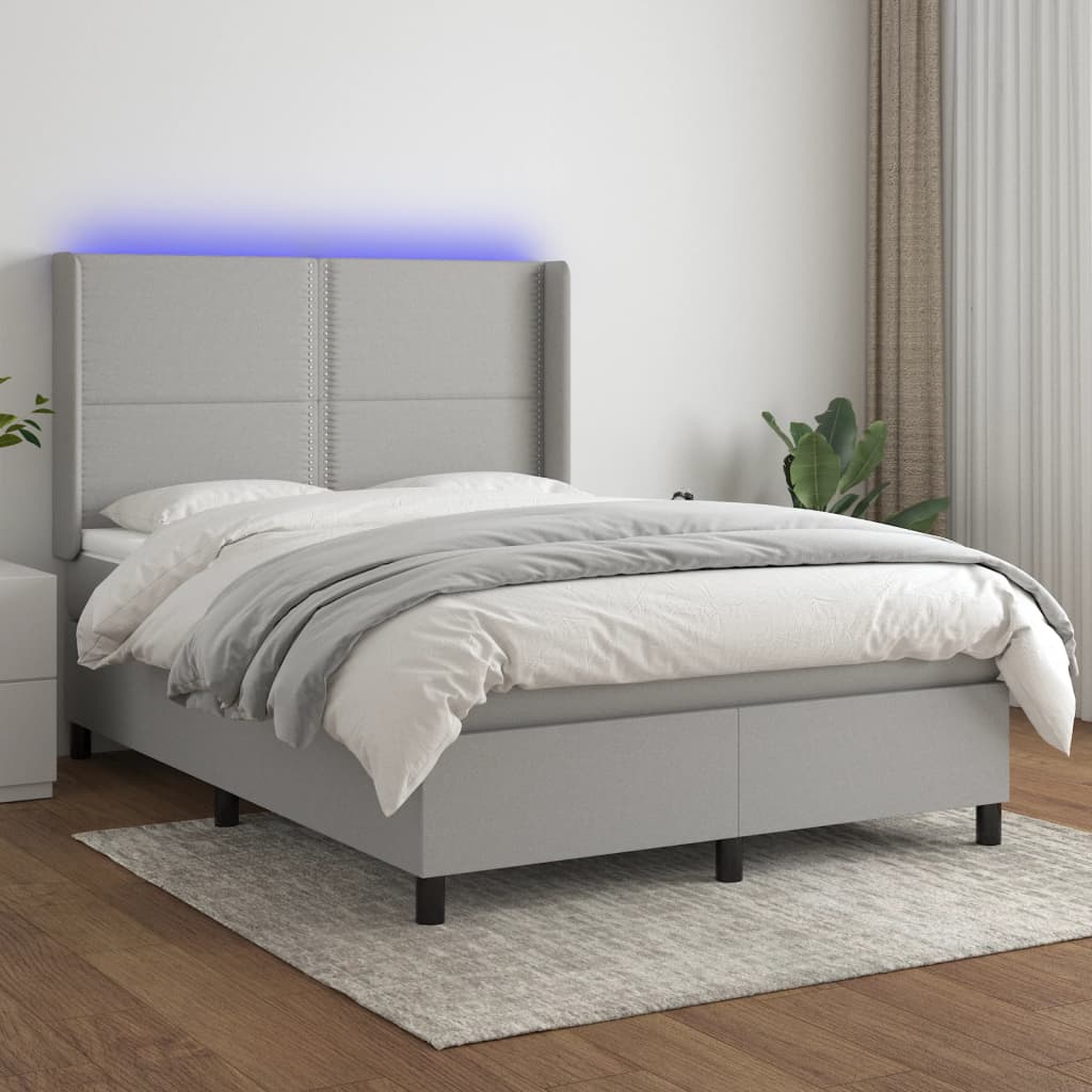 Boxspring met matras en LED stof lichtgrijs 140x200 cm – afbeelding 1
