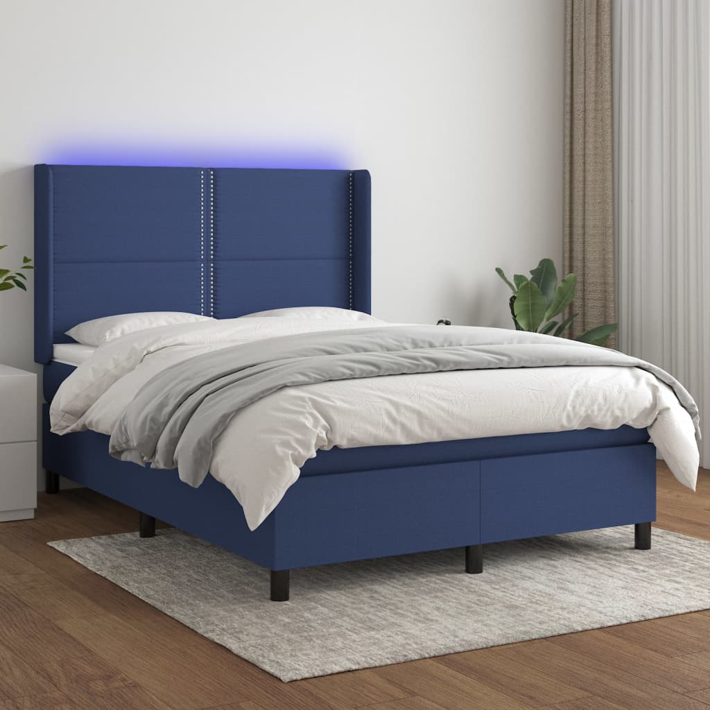 Boxspring met matras en LED stof blauw 140x200 cm – afbeelding 1