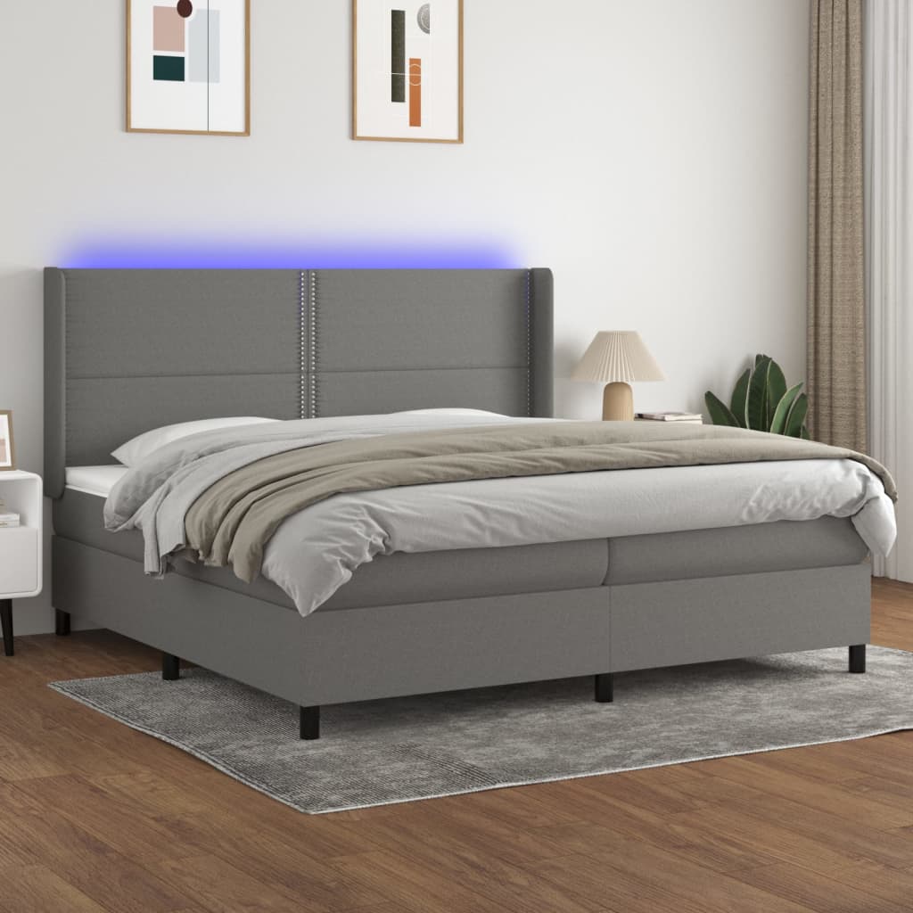 Boxspring met matras en LED stof donkergrijs 200x200 cm – afbeelding 1