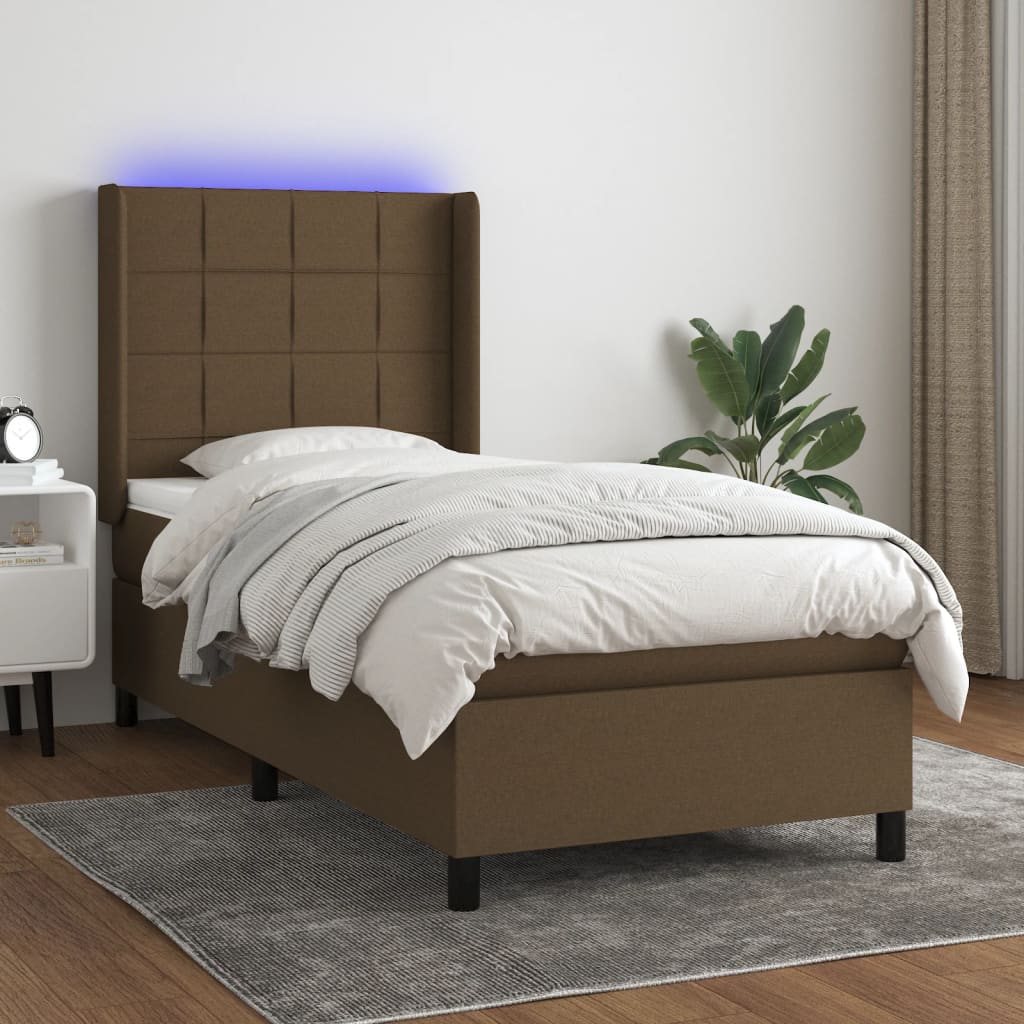 Boxspring met matras en LED stof donkerbruin 90x190 cm – afbeelding 1