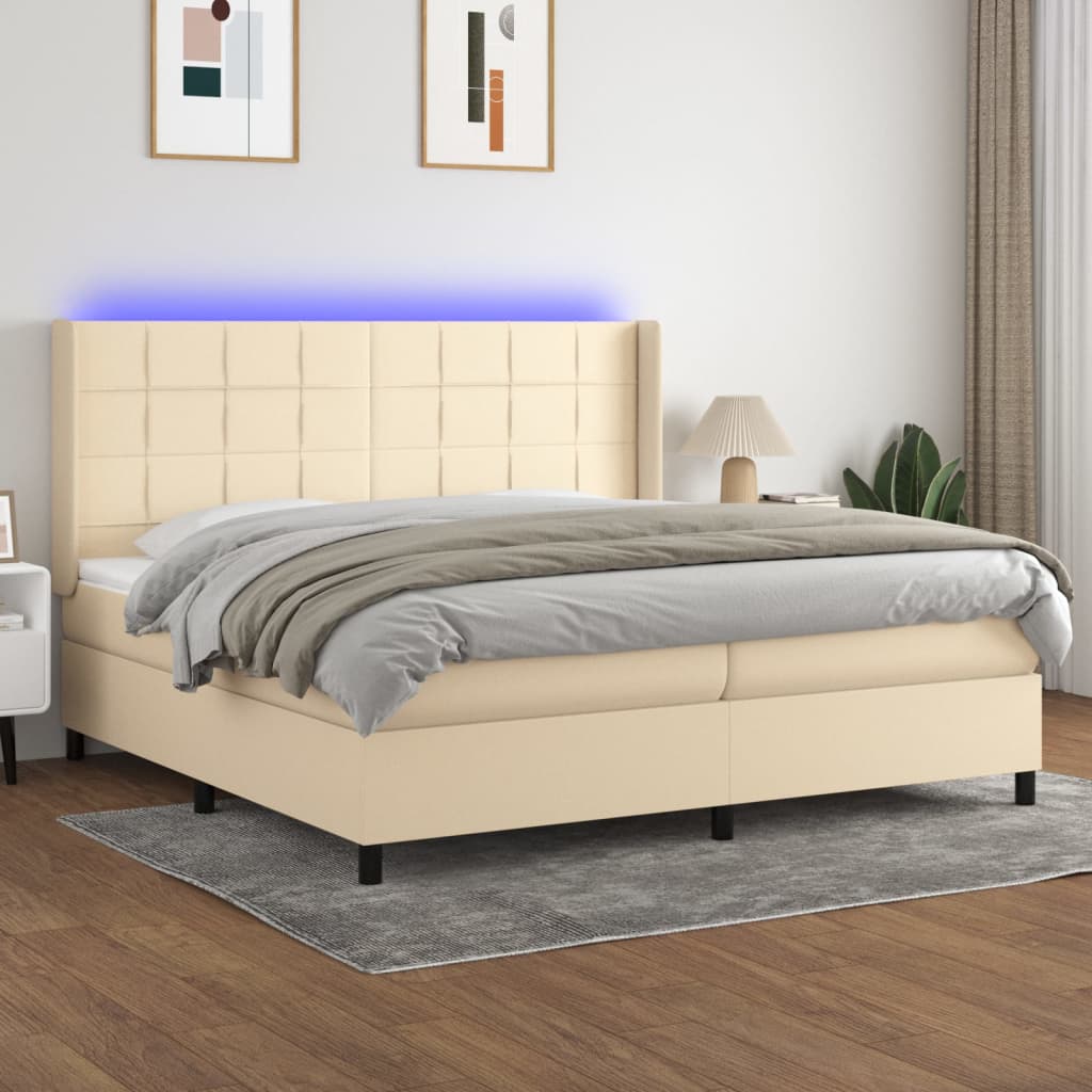 Boxspring met matras en LED stof crèmekleurig 200x200 cm – afbeelding 1