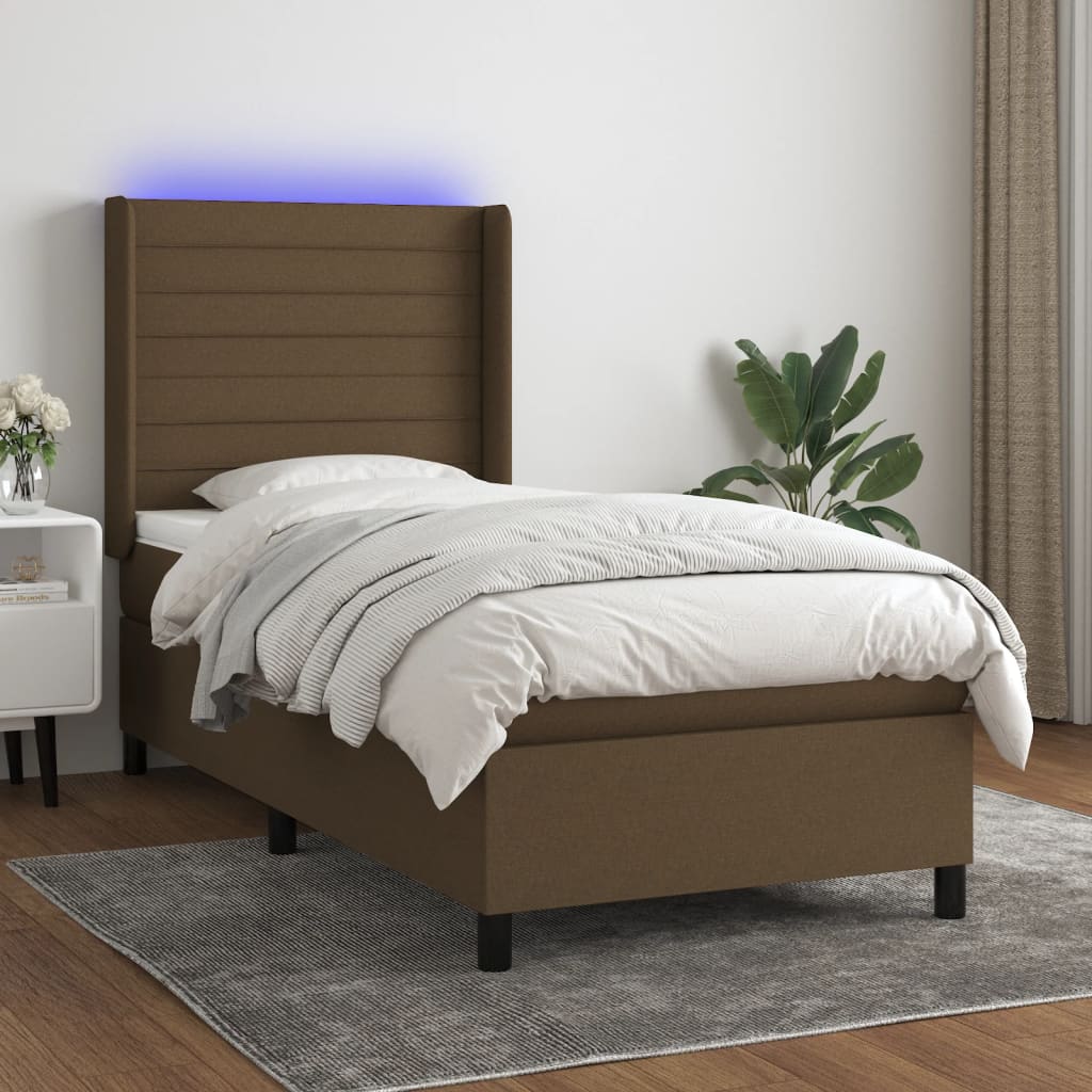 Boxspring met matras en LED stof donkerbruin 90x190 cm – afbeelding 1