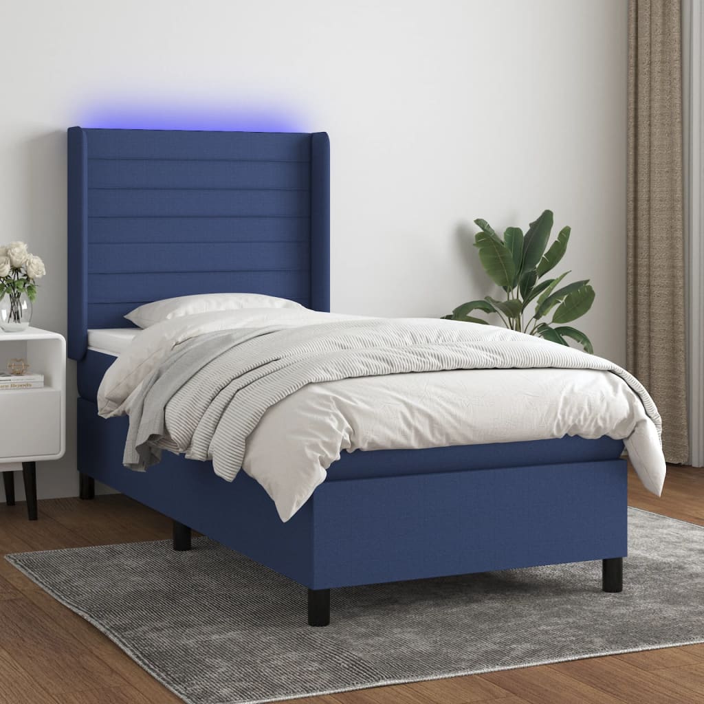 Boxspring met matras en LED stof blauw 90x190 cm – afbeelding 1