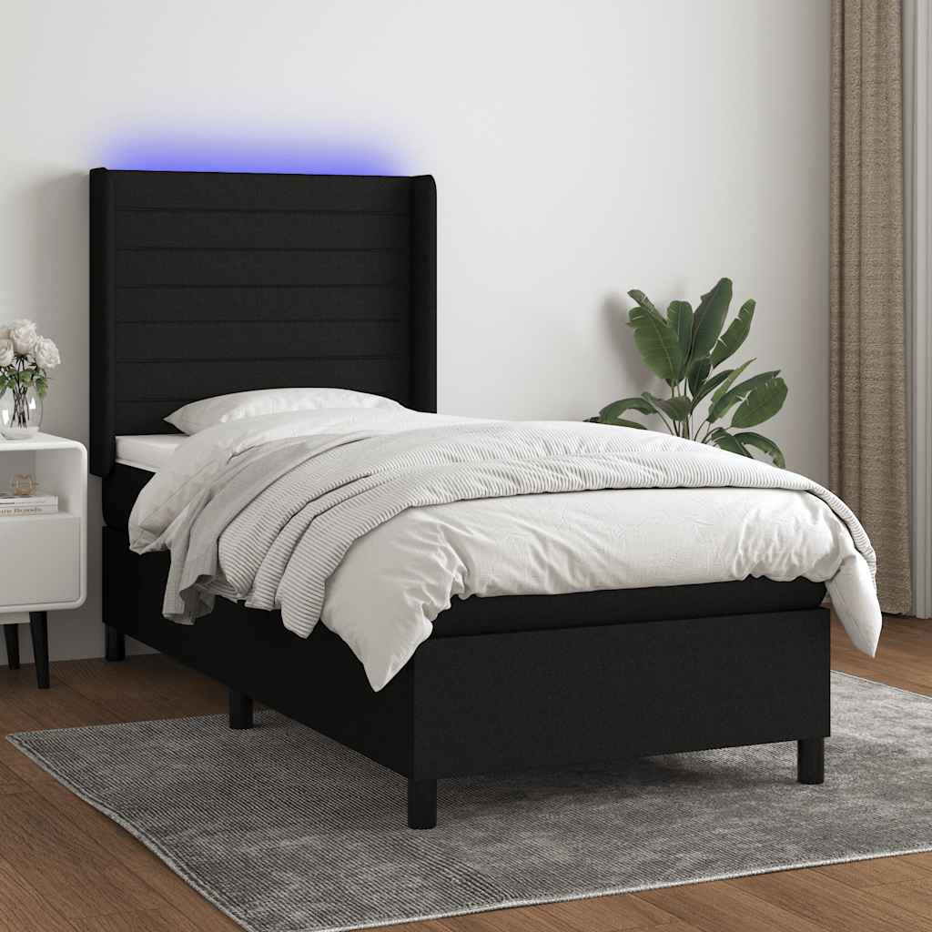 Boxspring met matras en LED stof zwart 90x200 cm – afbeelding 1