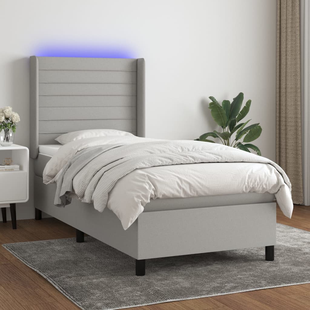 Boxspring met matras en LED stof lichtgrijs 100x200 cm – afbeelding 1